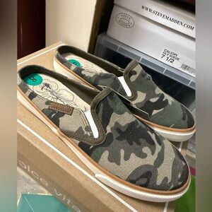 Open back camo loafers.